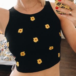 black crop top with yellow flowers